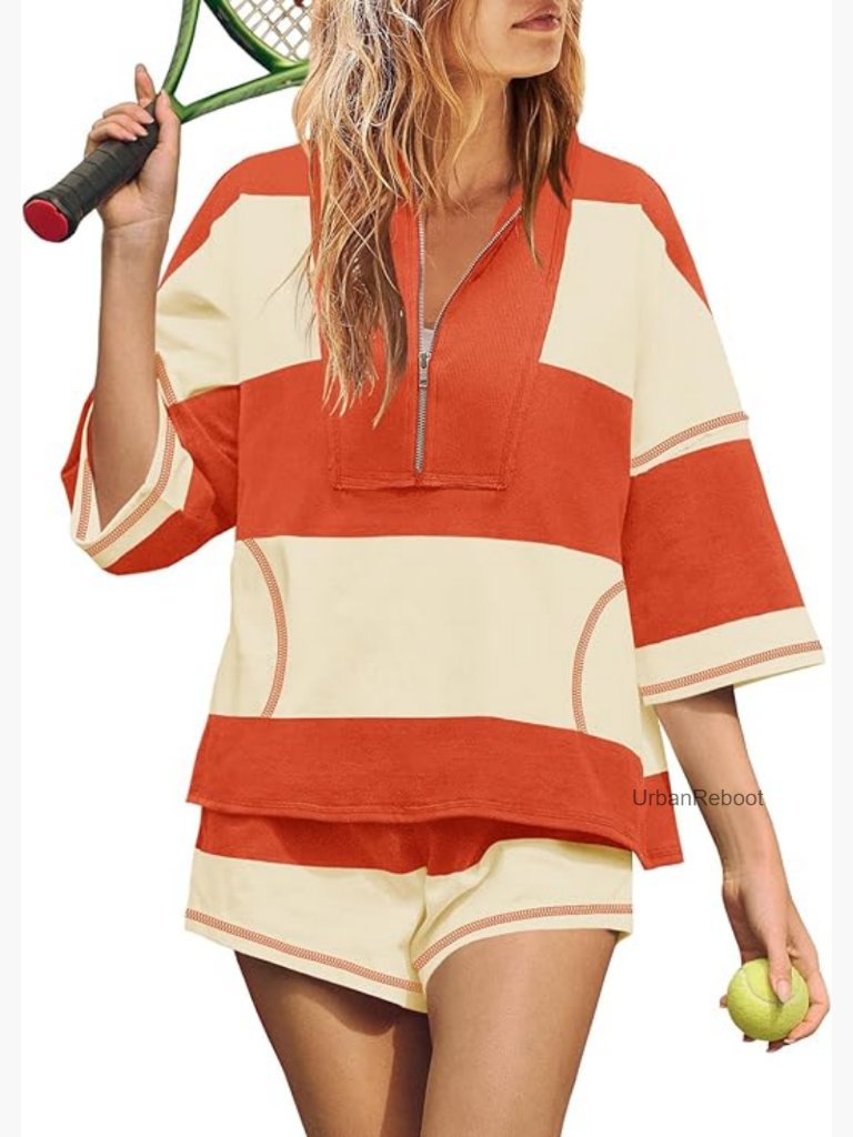 Oversized 2 Piece Short Set Striped Lounge Set Workout Athletic Tracksuit